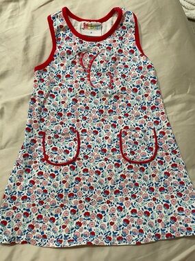 Jellybean Red Trim Floral Pocket A-Line Dress for Girls Monogram C